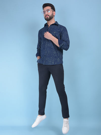 Printed Navy Blue 100% Cotton Shirt-Men Shirts-Crimsoune Club