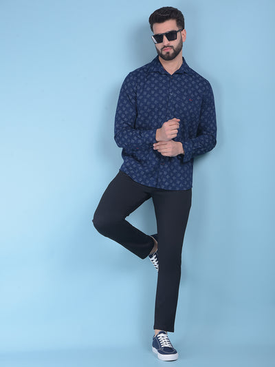 Navy Blue Floral Print 100% Cotton Shirt-Men Shirts-Crimsoune Club