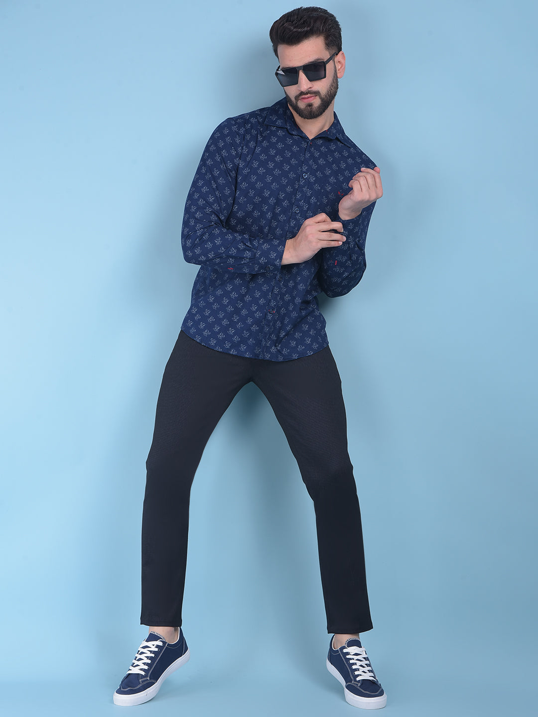 Navy Blue Floral Print 100% Cotton Shirt-Men Shirts-Crimsoune Club