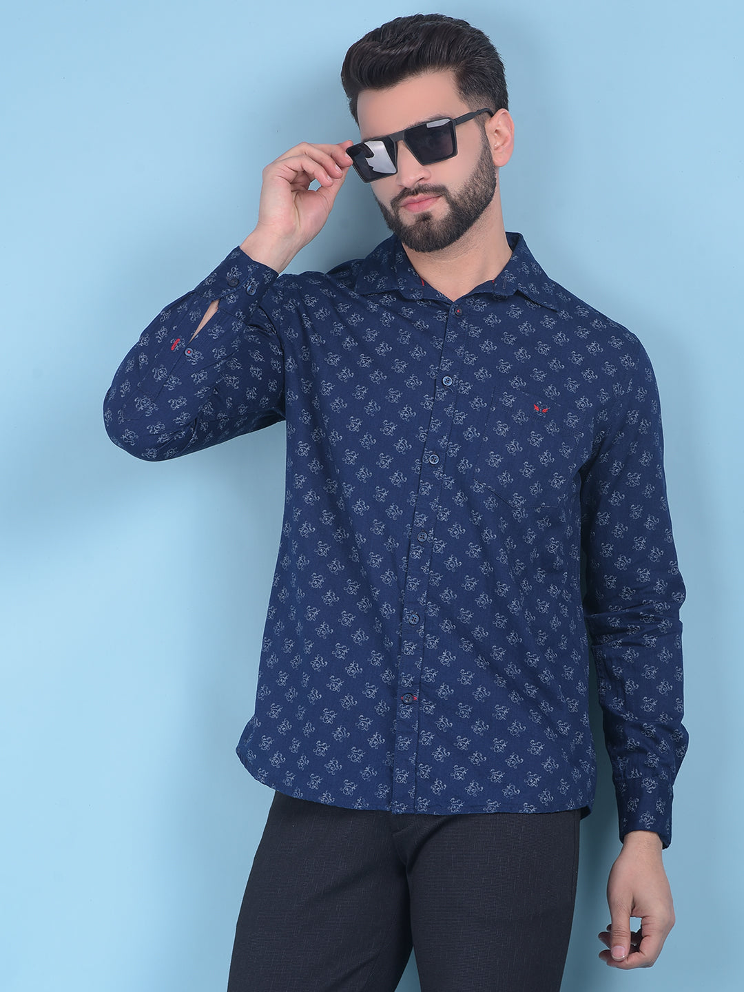 Navy Blue Floral Print 100% Cotton Shirt-Men Shirts-Crimsoune Club