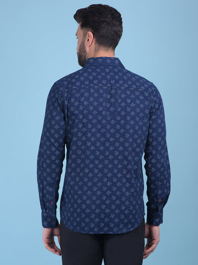 Navy Blue Floral Print 100% Cotton Shirt-Men Shirts-Crimsoune Club