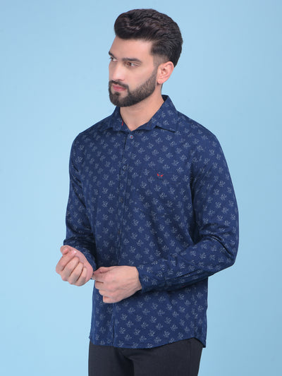 Navy Blue Floral Print 100% Cotton Shirt-Men Shirts-Crimsoune Club