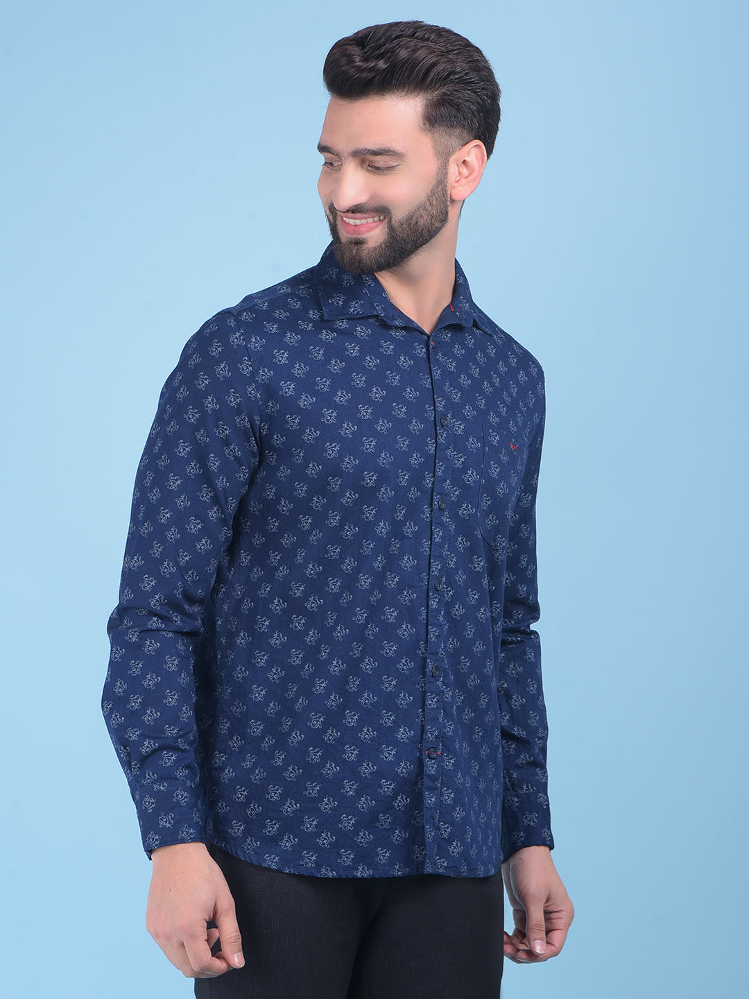 Navy Blue Floral Print 100% Cotton Shirt-Men Shirts-Crimsoune Club