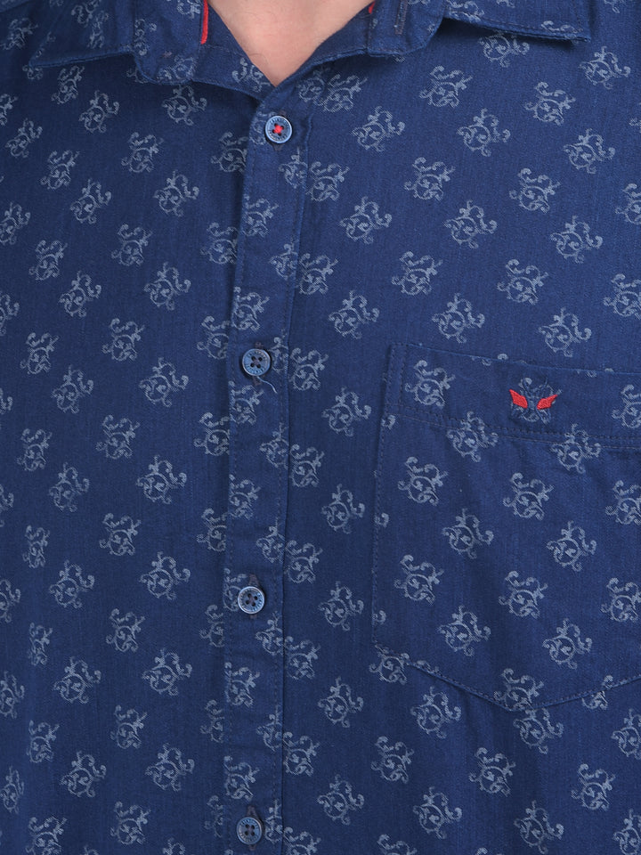 Navy Blue Floral Print 100% Cotton Shirt-Men Shirts-Crimsoune Club