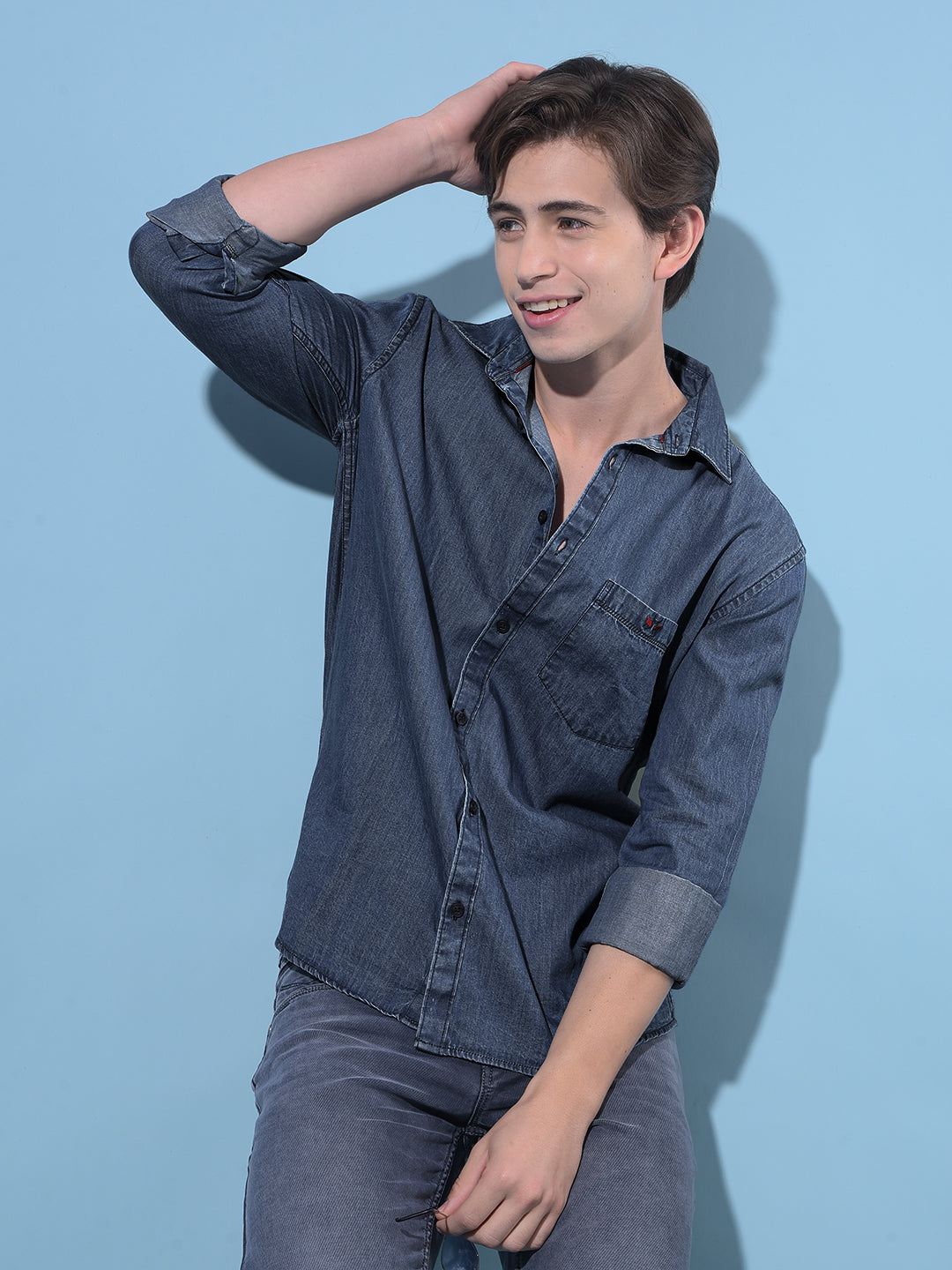 Blue 100% Cotton Denim Shirt-Men Shirts-Crimsoune Club