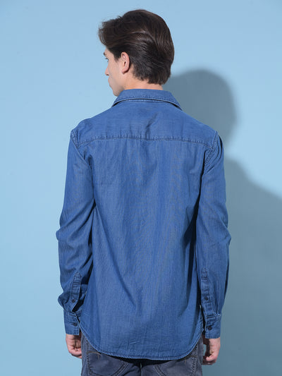 Blue 100% Cotton Denim Shirt-Men Shirts-Crimsoune Club