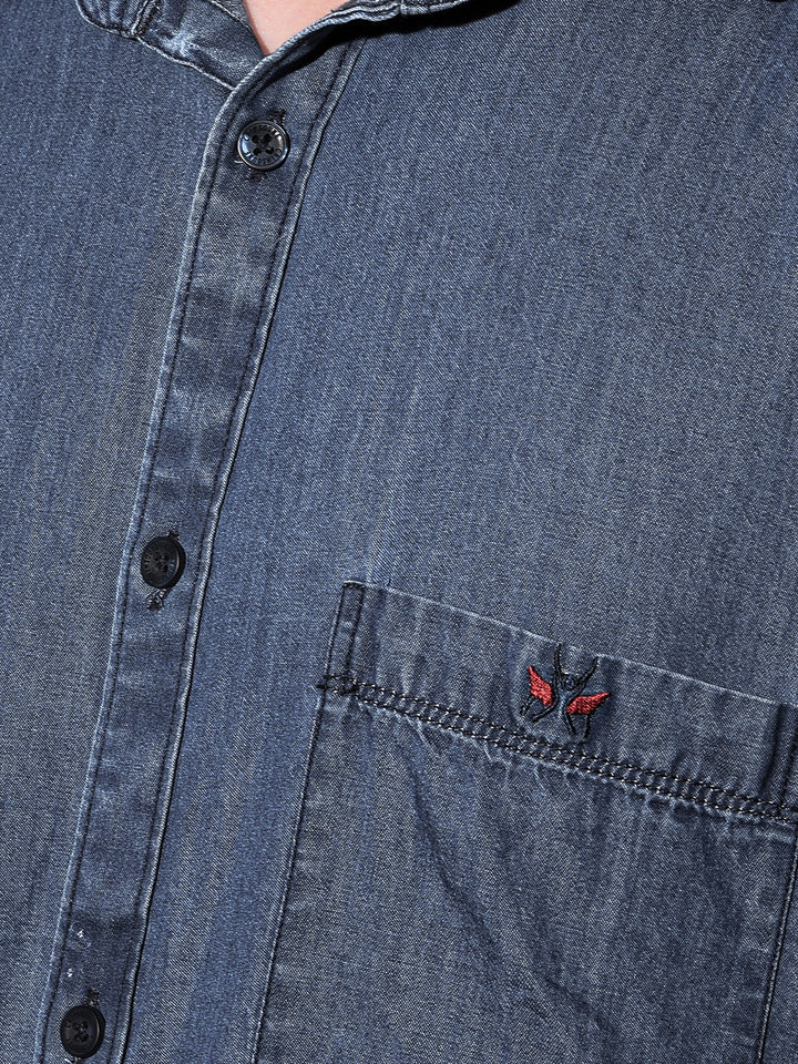 Blue 100% Cotton Denim Shirt-Men Shirts-Crimsoune Club