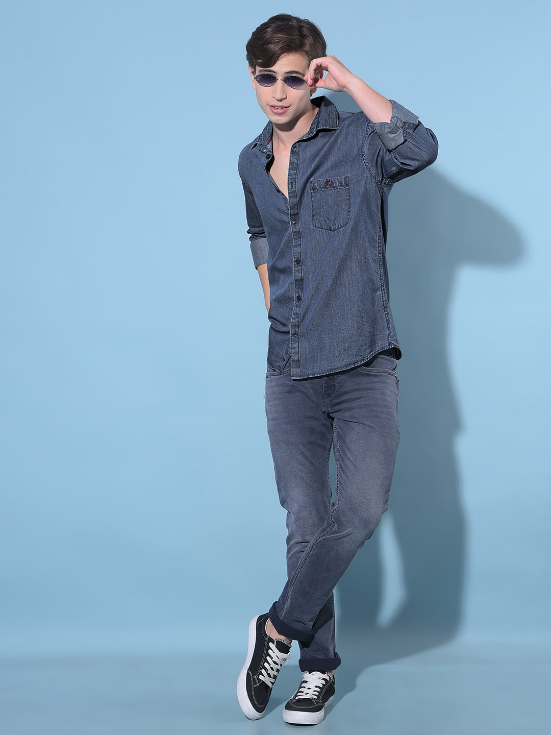 Blue 100% Cotton Denim Shirt-Men Shirts-Crimsoune Club