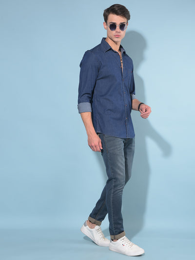 Navy Blue Cotton Denim Shirt-Men Shirts-Crimsoune Club