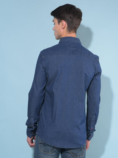 Navy Blue Cotton Denim Shirt-Men Shirts-Crimsoune Club