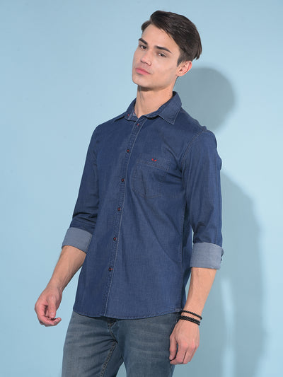 Navy Blue Cotton Denim Shirt-Men Shirts-Crimsoune Club