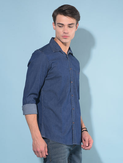 Navy Blue Cotton Denim Shirt-Men Shirts-Crimsoune Club