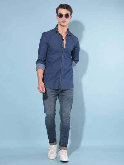 Navy Blue Cotton Denim Shirt-Men Shirts-Crimsoune Club