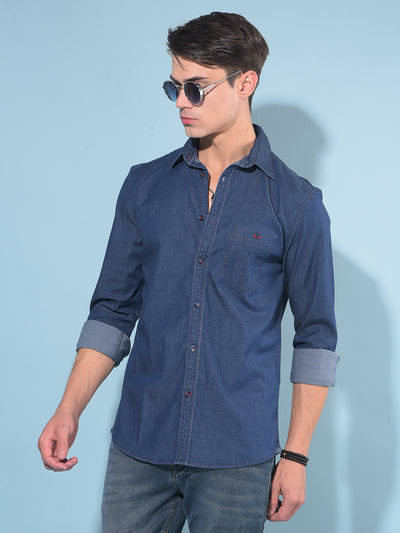 Navy Blue Cotton Denim Shirt-Men Shirts-Crimsoune Club