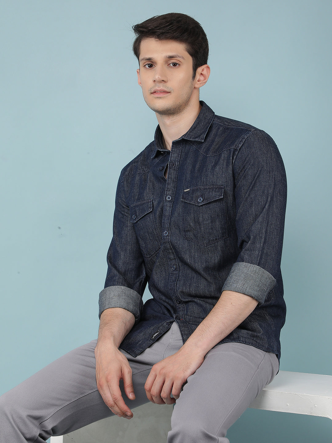 Navy Blue 100% Cotton Denim Shirt – Crimsoune Club