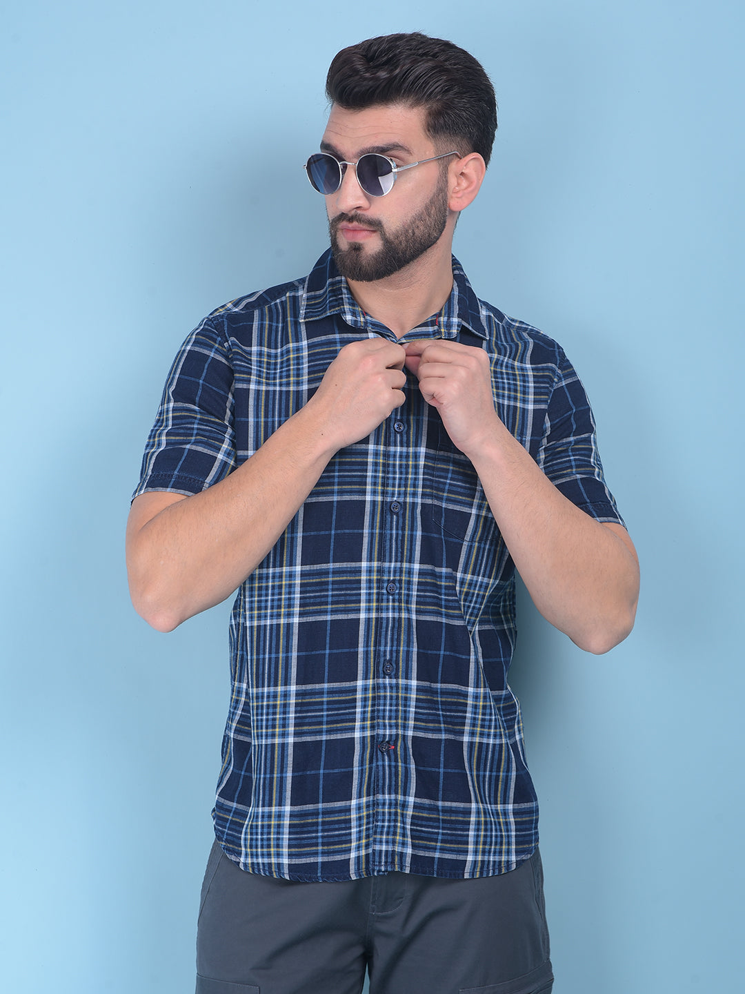 Blue Tartan Check 100% Cotton Shirt-Men Shirts-Crimsoune Club