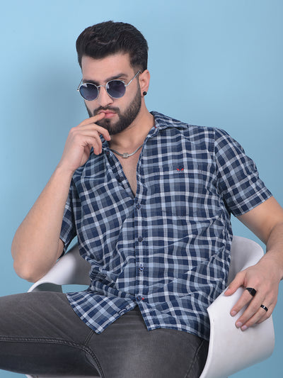 Blue Tartan Check 100% Cotton Shirt-Men Shirts-Crimsoune Club