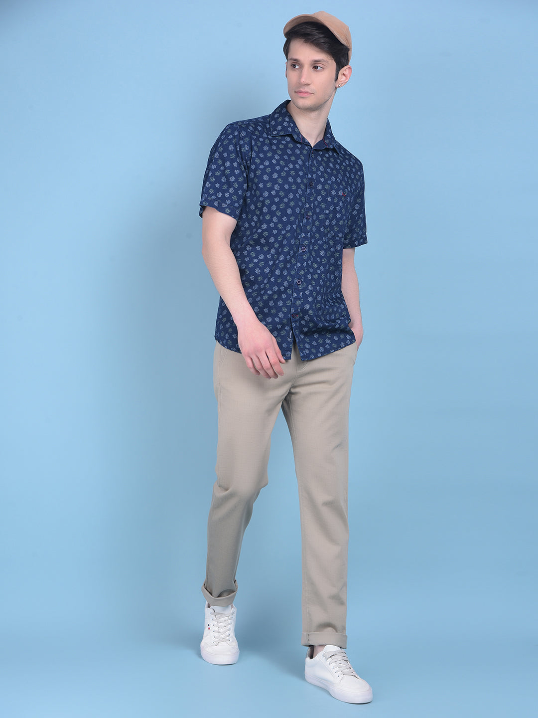 Navy Blue Floral Print 100% Cotton Shirt-Men Shirts-Crimsoune Club