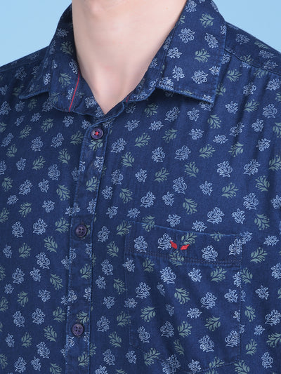 Navy Blue Floral Print 100% Cotton Shirt-Men Shirts-Crimsoune Club