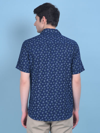 Navy Blue Floral Print 100% Cotton Shirt-Men Shirts-Crimsoune Club