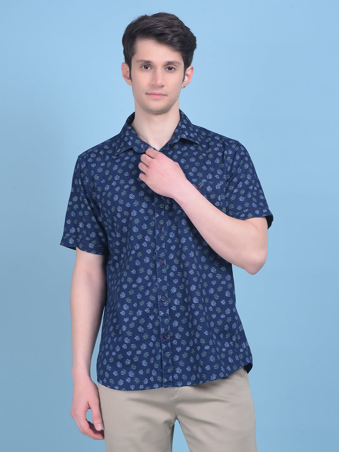 Navy Blue Floral Print 100% Cotton Shirt-Men Shirts-Crimsoune Club