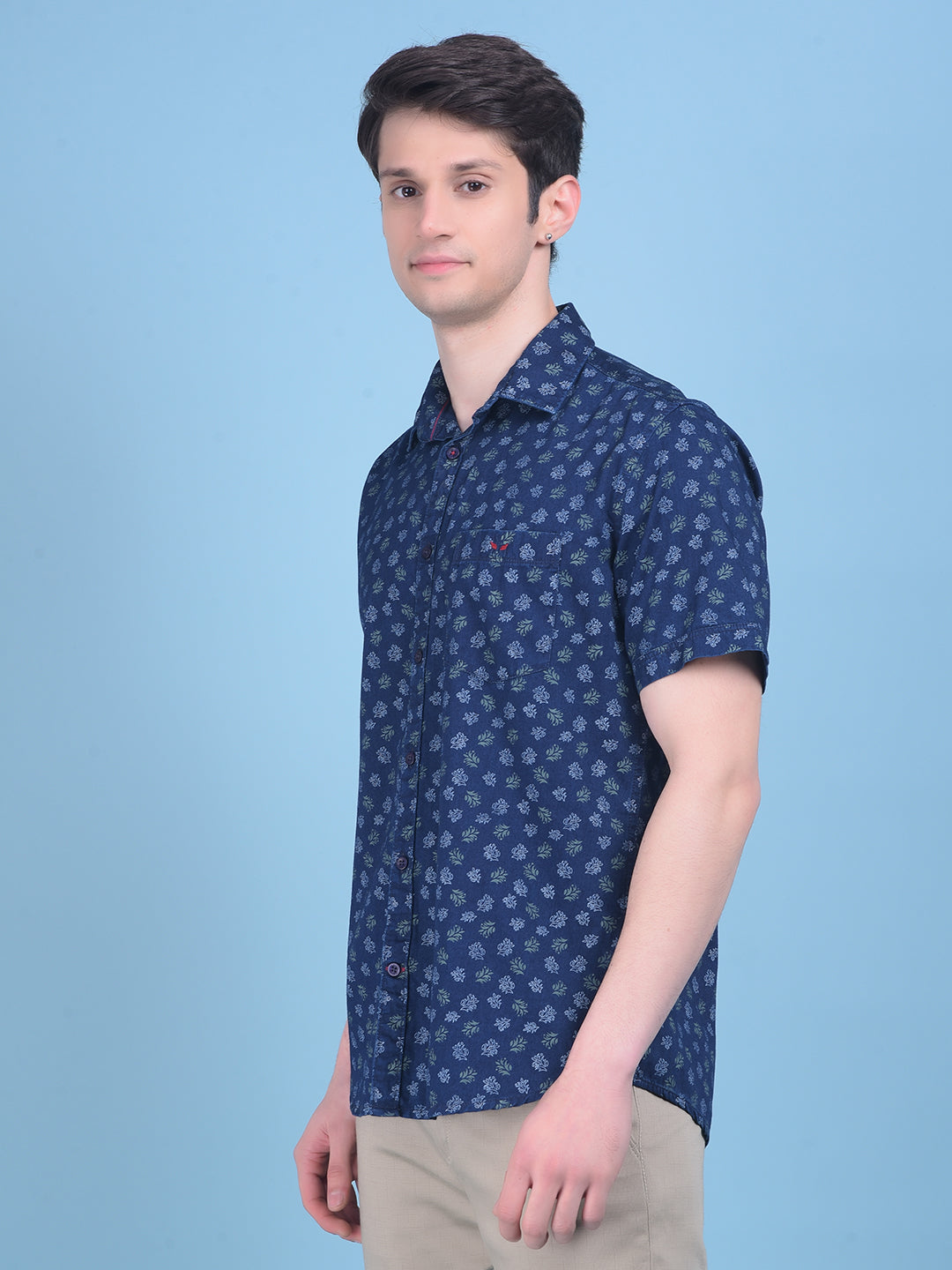 Navy Blue Floral Print 100% Cotton Shirt-Men Shirts-Crimsoune Club