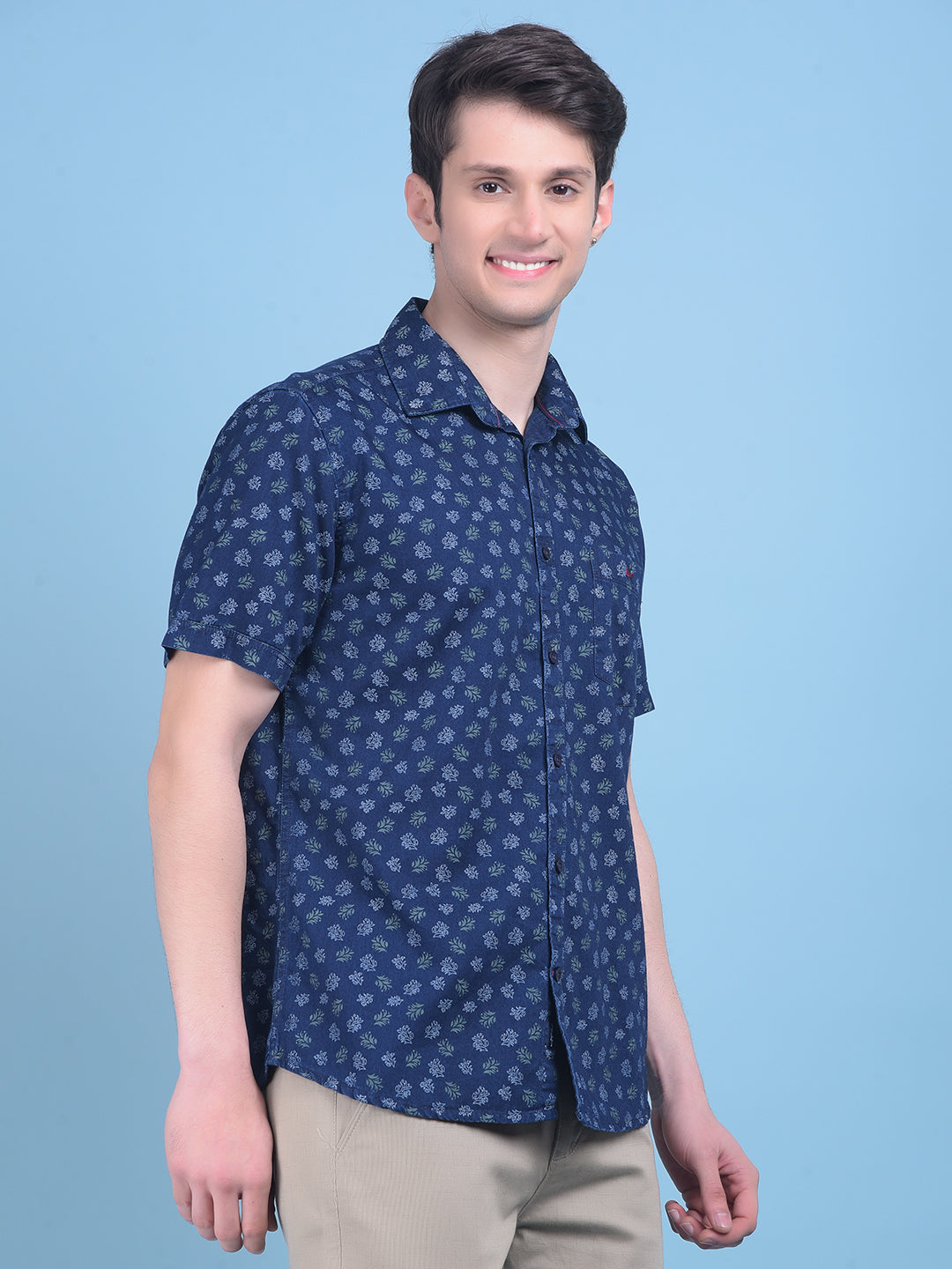 Navy Blue Floral Print 100% Cotton Shirt-Men Shirts-Crimsoune Club