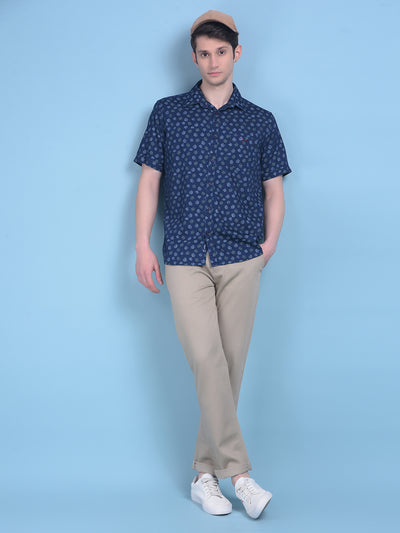 Navy Blue Floral Print 100% Cotton Shirt-Men Shirts-Crimsoune Club