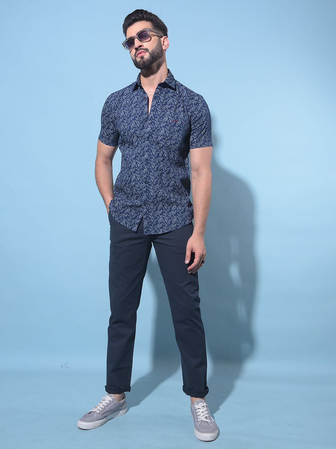 Navy Blue Floral Print 100% Cotton Shirt-Men Shirts-Crimsoune Club