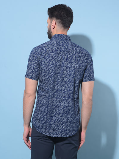 Navy Blue Floral Print 100% Cotton Shirt-Men Shirts-Crimsoune Club