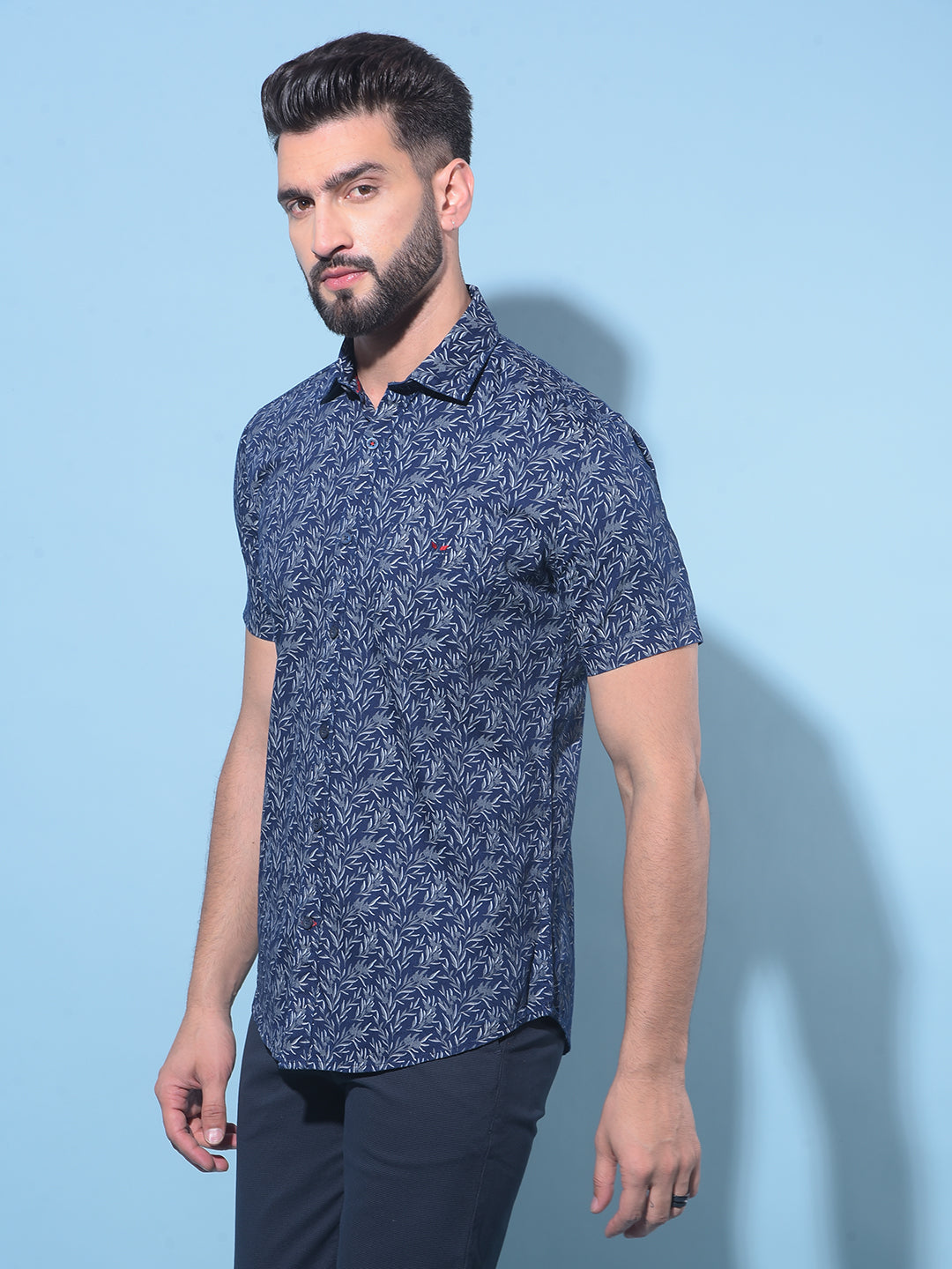 Navy Blue Floral Print 100% Cotton Shirt-Men Shirts-Crimsoune Club