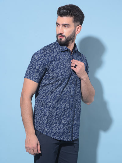 Navy Blue Floral Print 100% Cotton Shirt-Men Shirts-Crimsoune Club