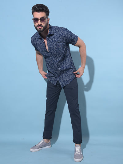 Navy Blue Floral Print 100% Cotton Shirt-Men Shirts-Crimsoune Club