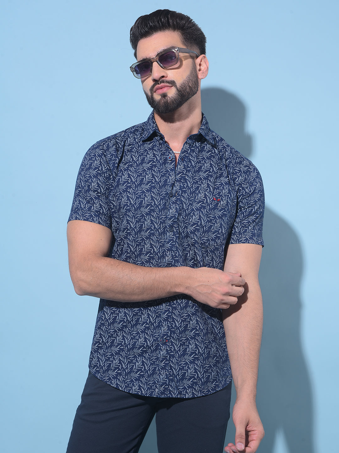 Navy Blue Floral Print 100% Cotton Shirt-Men Shirts-Crimsoune Club