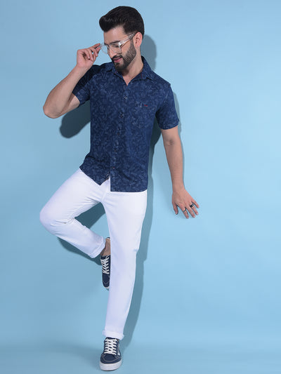 Navy Blue Floral Print 100% Cotton Shirt-Men Shirts-Crimsoune Club