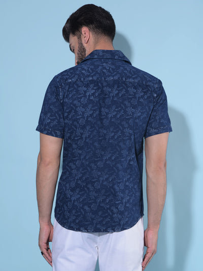 Navy Blue Floral Print 100% Cotton Shirt-Men Shirts-Crimsoune Club