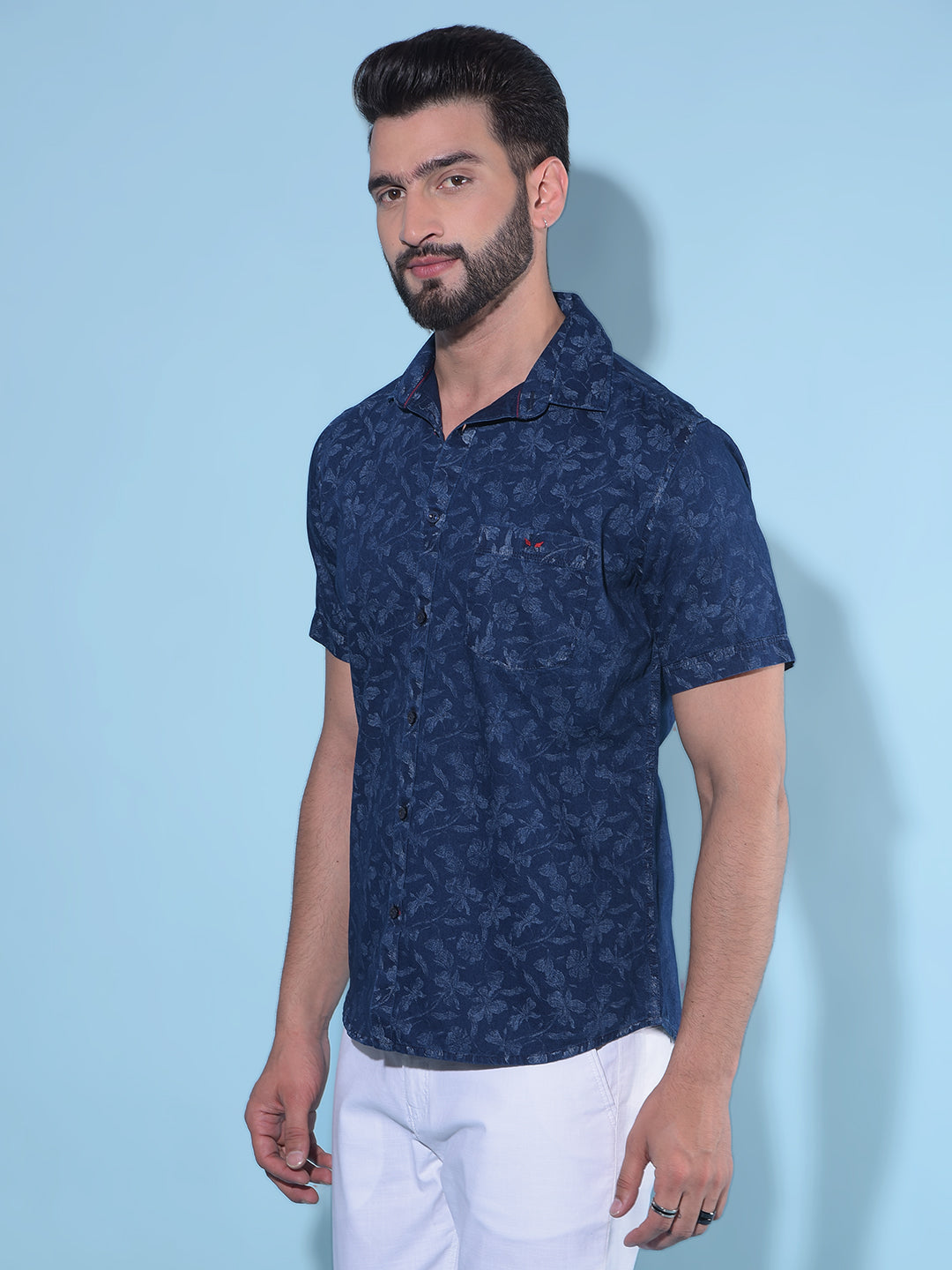 Navy Blue Floral Print 100% Cotton Shirt-Men Shirts-Crimsoune Club