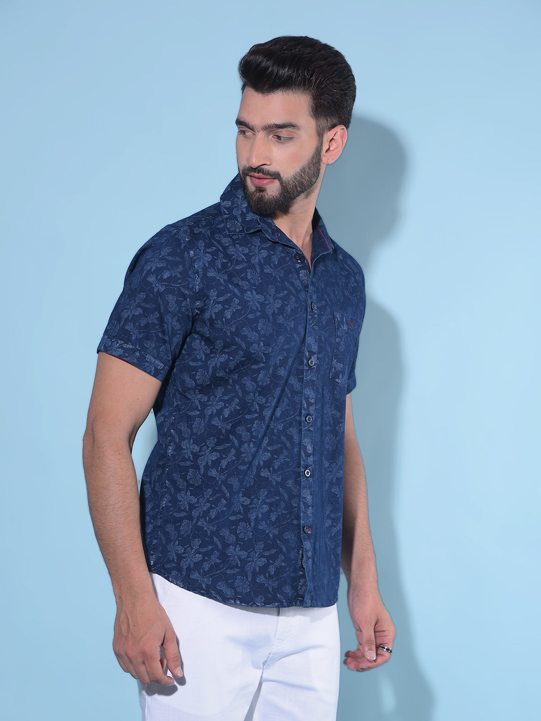 Navy Blue Floral Print 100% Cotton Shirt-Men Shirts-Crimsoune Club