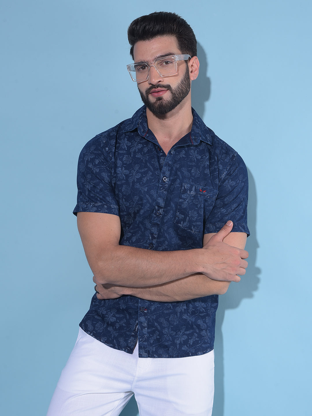 Navy Blue Floral Print 100% Cotton Shirt-Men Shirts-Crimsoune Club