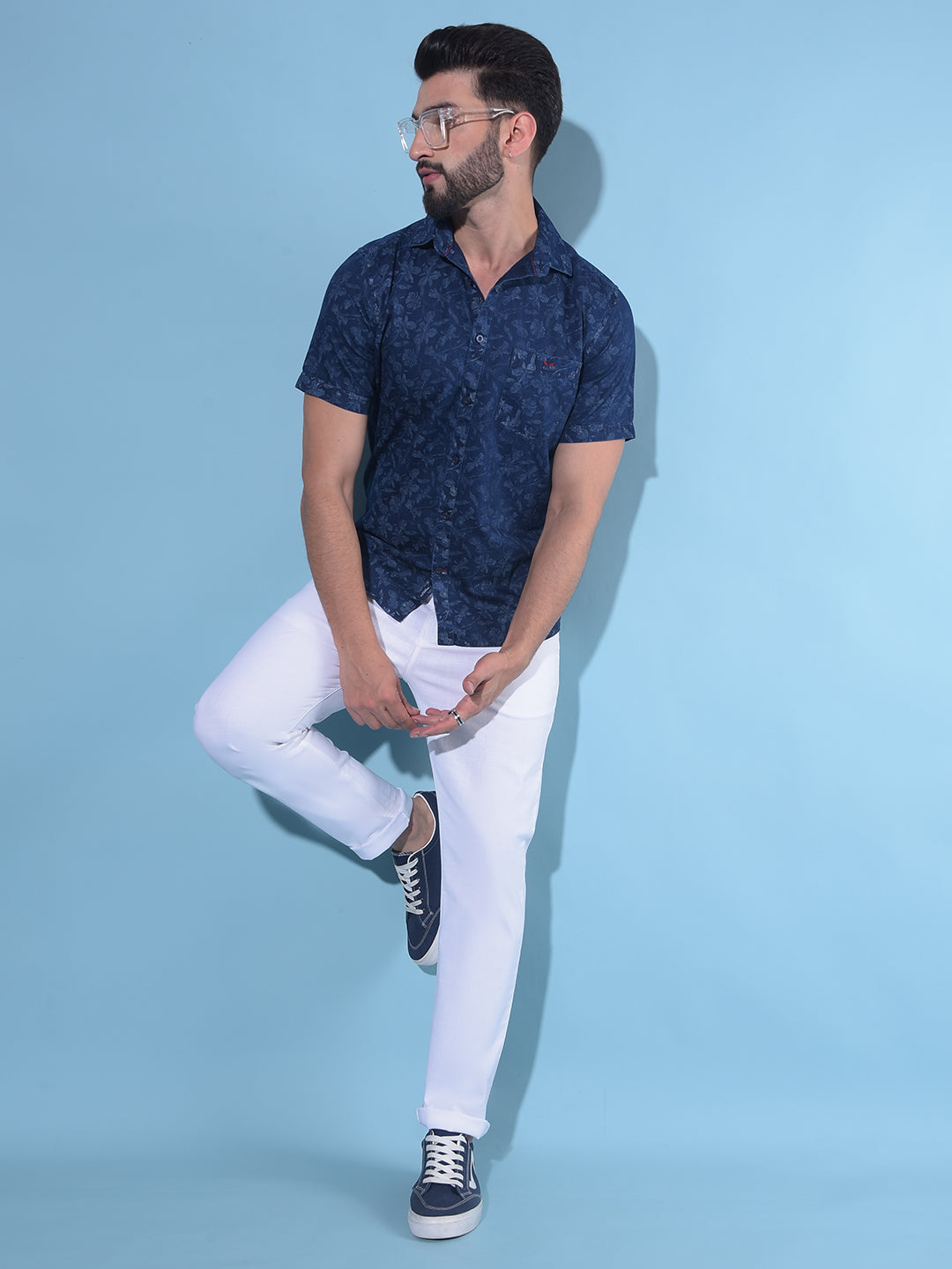 Navy Blue Floral Print 100% Cotton Shirt-Men Shirts-Crimsoune Club