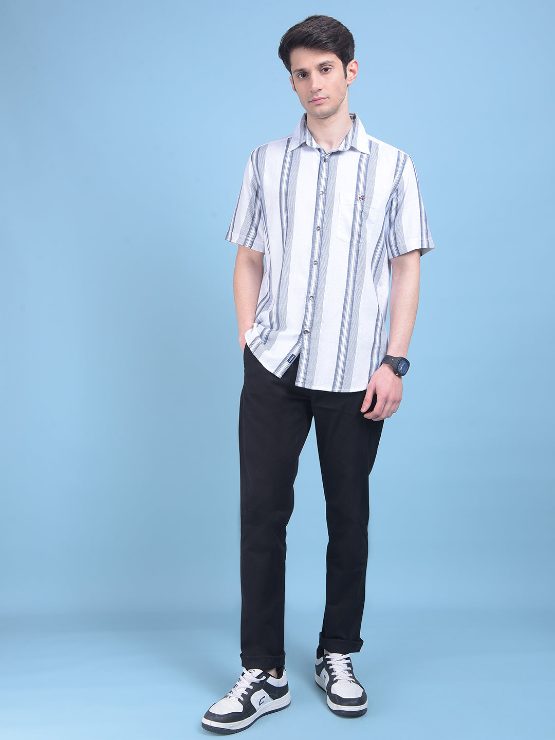 White Vertical Striped 100% Cotton Shirt-Men Shirts-Crimsoune Club