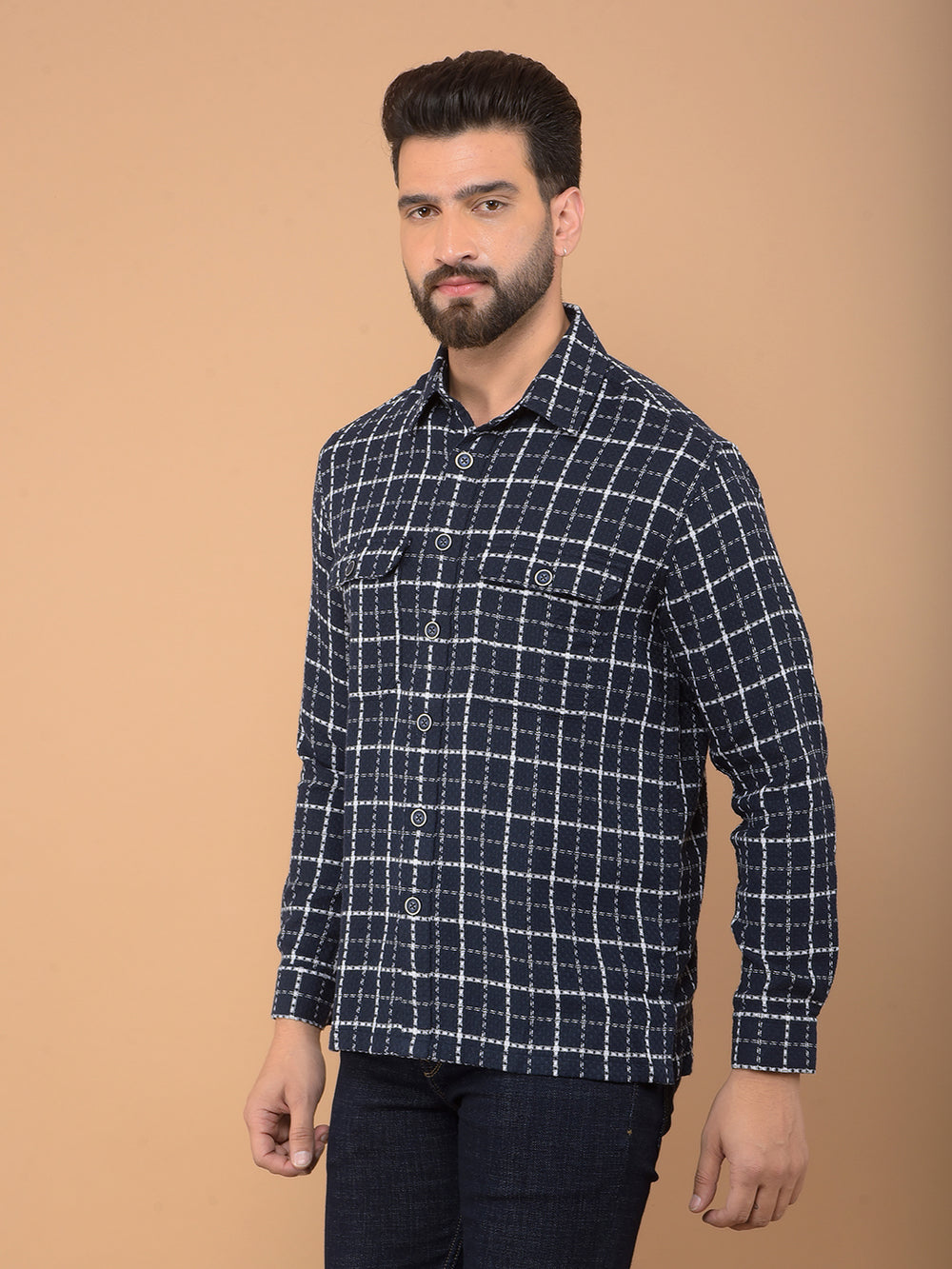 Navy Blue Checked 100% Cotton Double Pocket Shirt-Men Shirts-Crimsoune Club