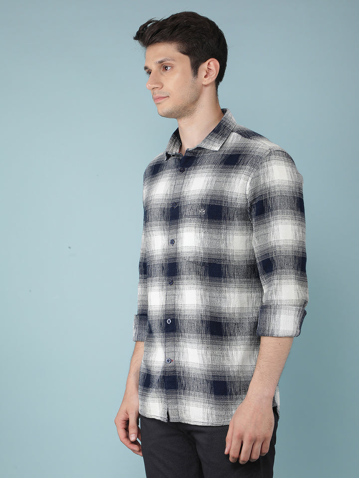 Navy Blue Checkered 100% Cotton Shirt-Men Shirts-Crimsoune Club