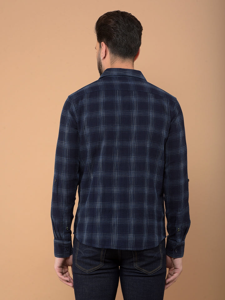 Navy Blue Checked 100% Cotton Double Pocket Shirt-Men Shirts-Crimsoune Club