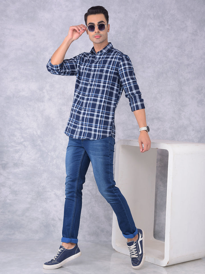 Navy Blue Checked 100% Cotton Shirt-Men Shirts-Crimsoune Club