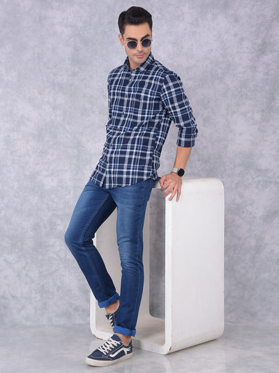 Navy Blue Checked 100% Cotton Shirt-Men Shirts-Crimsoune Club