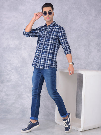 Navy Blue Checked 100% Cotton Shirt-Men Shirts-Crimsoune Club