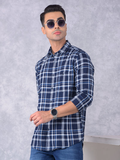Navy Blue Checked 100% Cotton Shirt-Men Shirts-Crimsoune Club