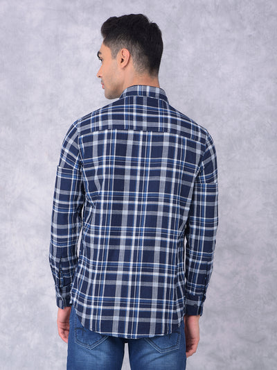 Navy Blue Checked 100% Cotton Shirt-Men Shirts-Crimsoune Club