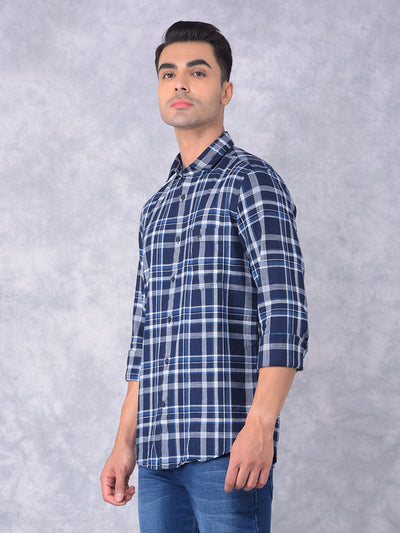 Navy Blue Checked 100% Cotton Shirt-Men Shirts-Crimsoune Club